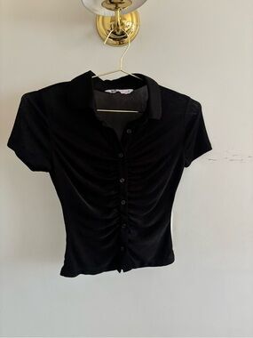 SO Black Sheer Mesh Ruched Button Front Top Size S
